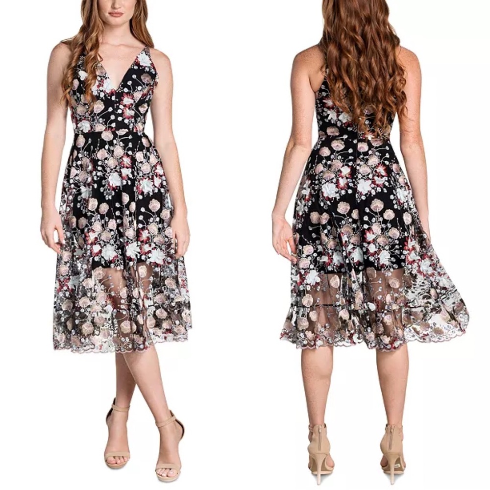 Dress the Population Audrey Floral Appliqué Embroidered Wedding Guest Midi Dress